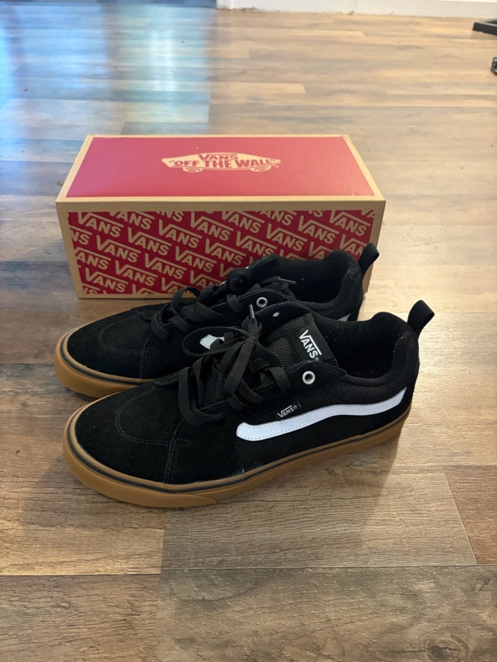 Vans Black Suede Low-Top Sneakers with White Stripe and Gum Sole